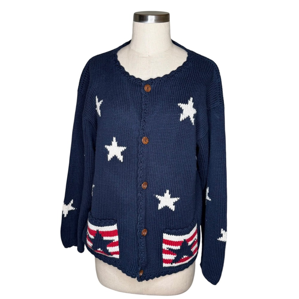 REY WEAR‎ Cardigan Navy Blue Stars Stripes Americana Women's Size Large 4th